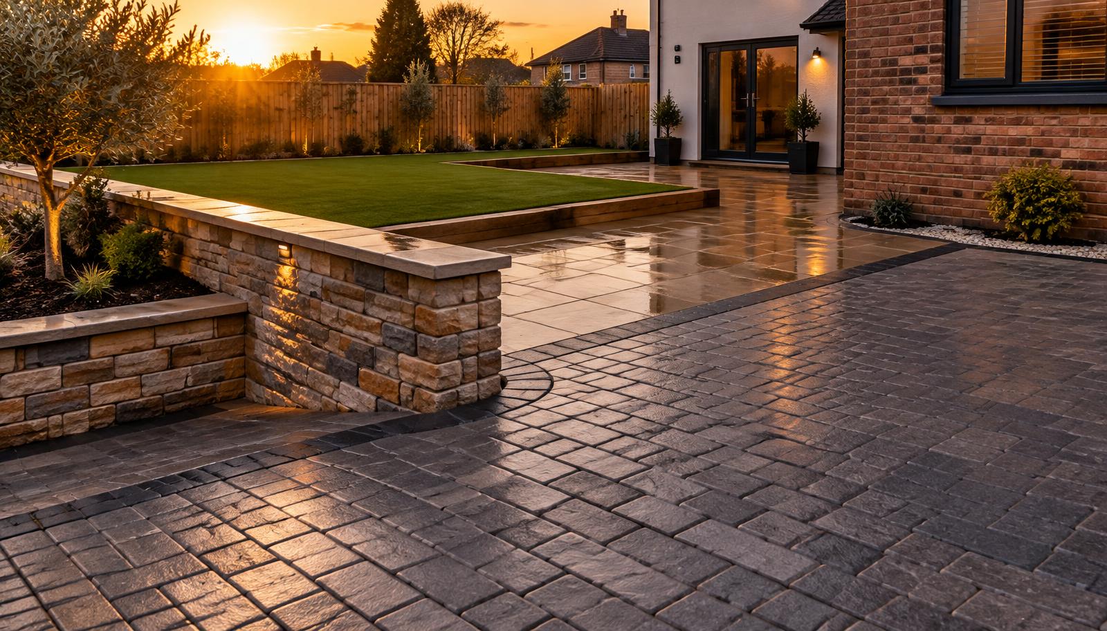 Finished block-paved driveway, sandstone patio and stone garden wall